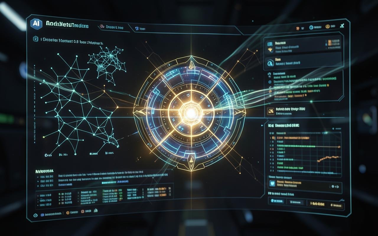 Dark futuristic AI dashboard with glowing neural network visualizations and a central AI core