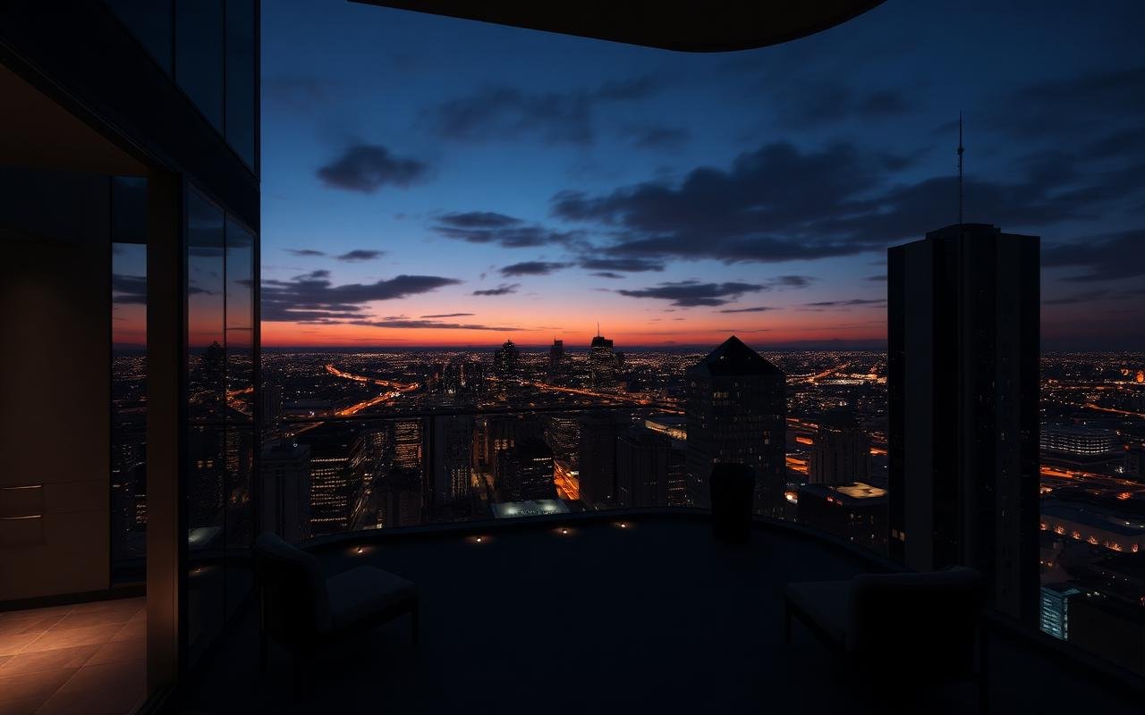 Photorealistic real-time rendered penthouse interior overlooking a city at dusk