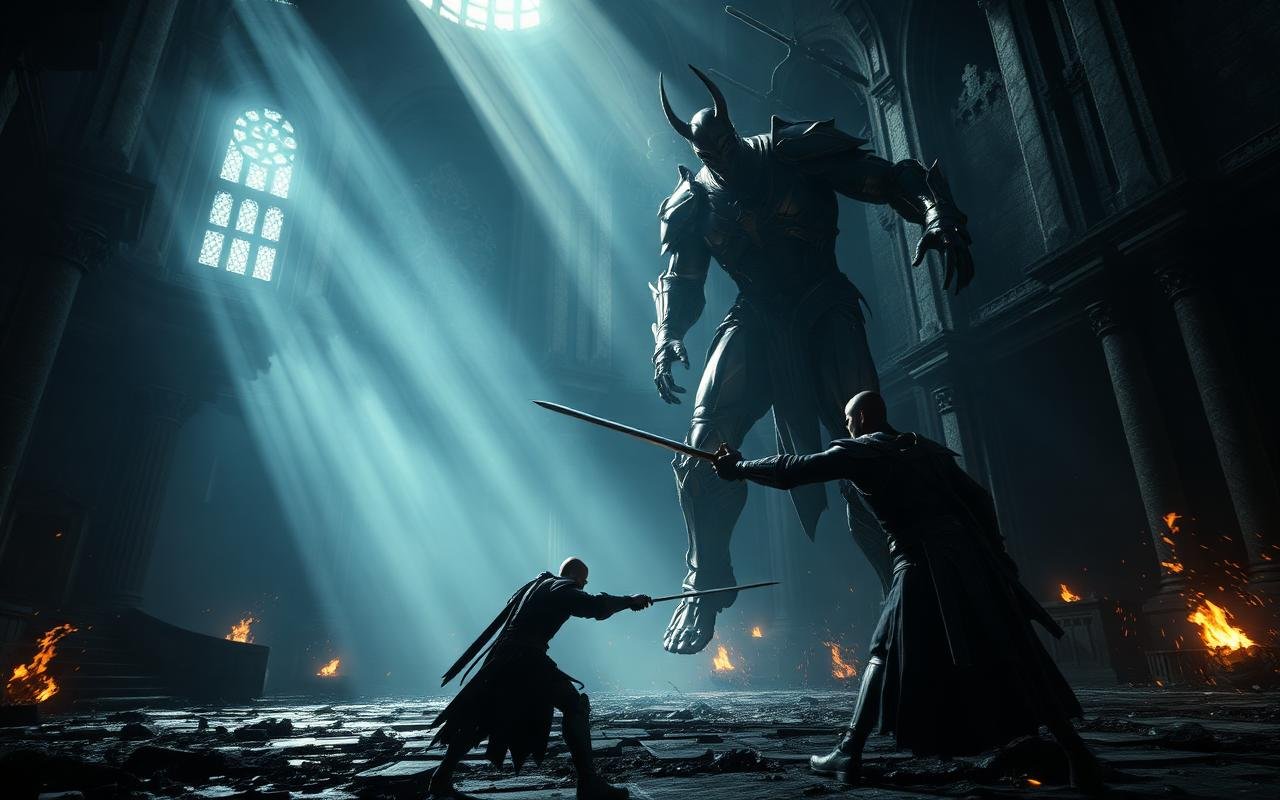 Dark cinematic third-person action game environment rendered in Unreal Engine 5