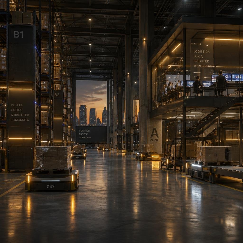 Real-time visualization of a modern logistics facility interior at dusk with autonomous vehicles and a glass mezzanine