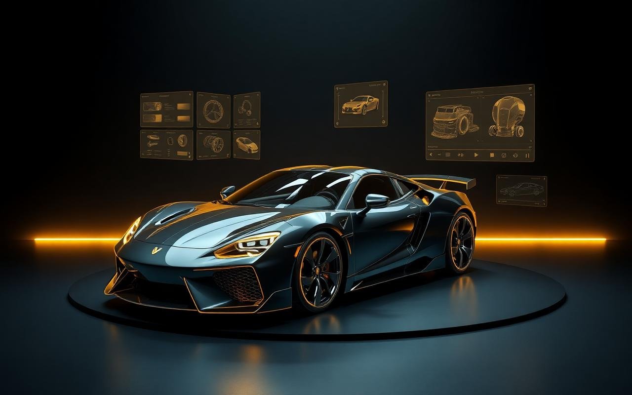 Photorealistic real-time 3D vehicle configurator rendered in a dark studio