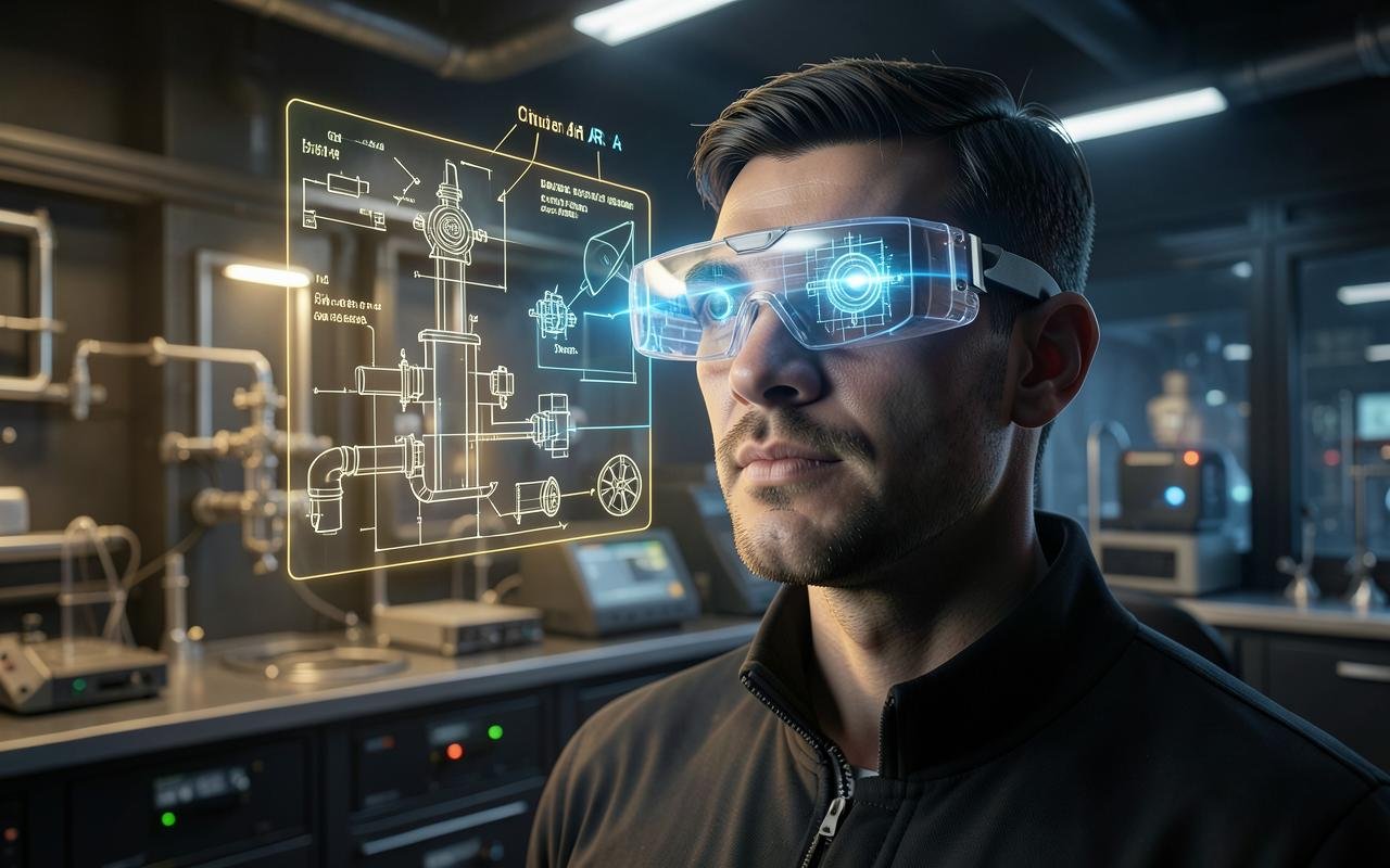 Person wearing a transparent AR headset viewing holographic industrial schematics and annotations
