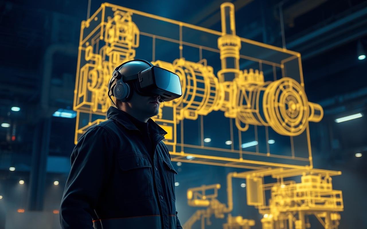 Technician in a VR headset interacting with a holographic industrial machine model